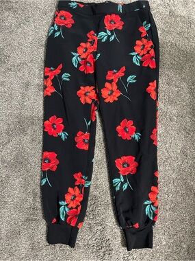 Express Black Track Joggers with Red Floral Print